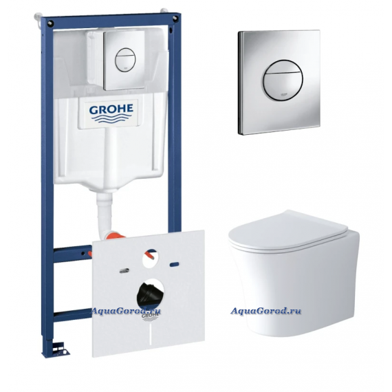Инсталляция Grohe Rapid SL 4 в 1 с кнопкой + Унитаз подвесной Grossman Style горизонтальный выпуск сиденье микролифт белый Grohe 38813001/GR-4475S