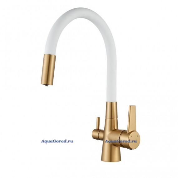Смеситель для кухни Shevanik S668G с гибким изливом, золотой сатин, белый