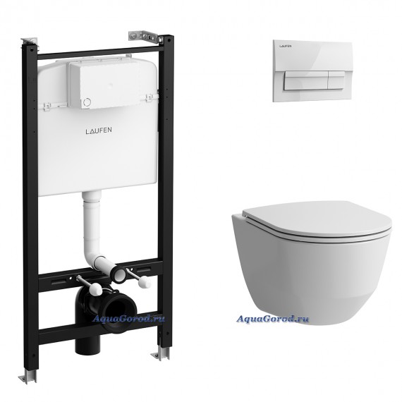 Инсталляция Laufen Pro в комплекте с безободковым унитазом сиденьем микролифт и кнопкой белый глянец ПЭК Z.RU93.0.761.6