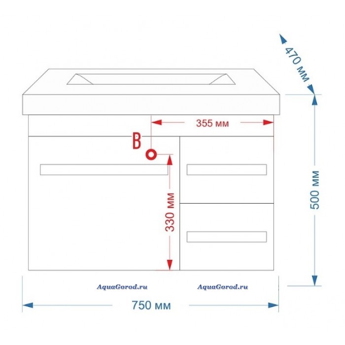 Тумба с раковиной Misty Эмилия 75 см подвесная с 2 ящиками красная ...