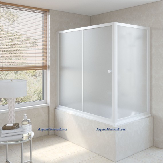 Шторка для ванны Vegas Glass ZV+ZVF 150х70х140 с неподвижной боковой стороной профиль белый стекло сатин ZV+ZVF 150х70 01 10
